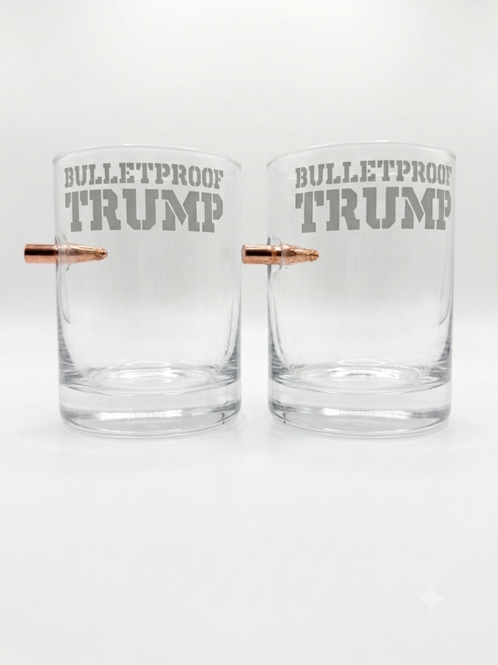 🆕 Brand New Set of 2 "Bulletproof Trump" Whiskey Glasses - NIB 🥃